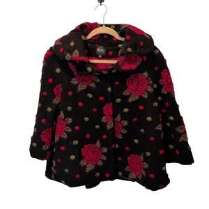 Bigio Collection Sz 8 Black Boiled Wool Floral Swing Jacket Snap 3/4 Sleeve